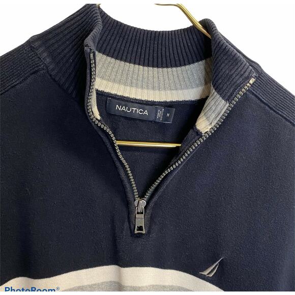 Nautica men blue red sz m striped Quarter Zip Mock Neck sweater - Picture 6 of 6